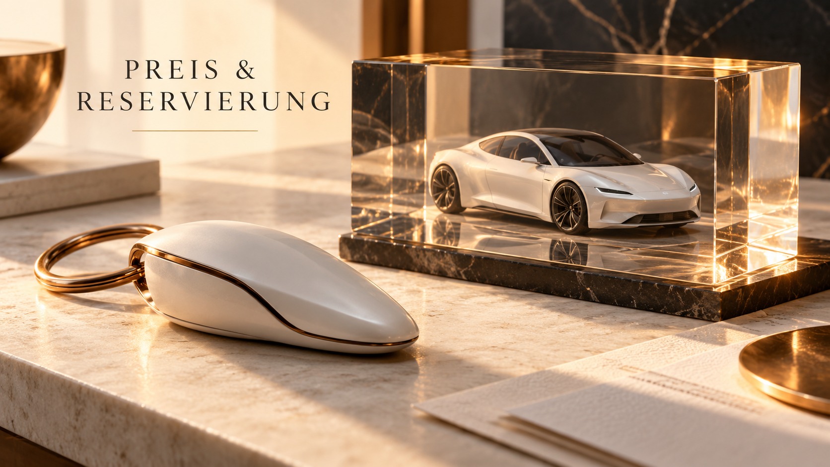 KI-Symbolbild mit einem unmarkierten Autoschlüssel und einem generischen Sportwagenmodell im Glasblock zum Thema Preis und Reservierung.