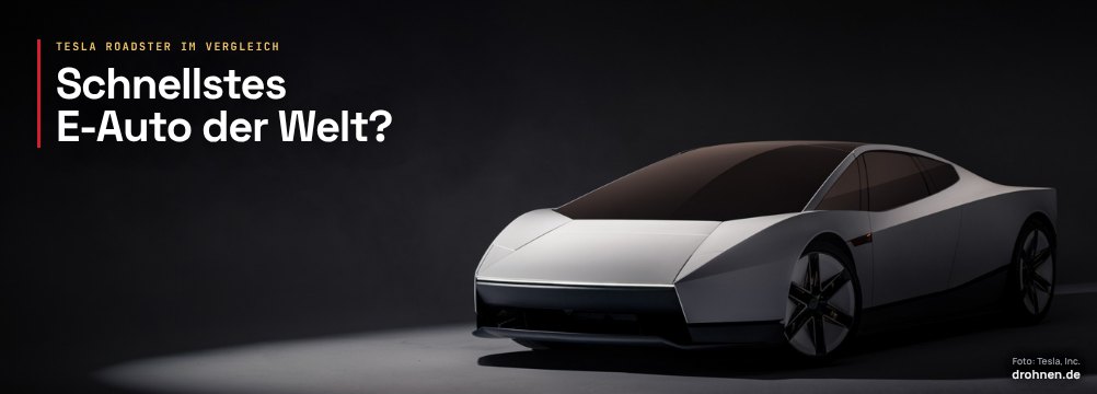 Weißer Tesla Roadster in schräger Vorderansicht vor dunklem Hintergrund mit dem Titel „Schnellstes E-Auto der Welt?“