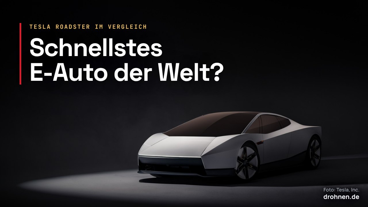 Weißer Tesla Roadster in schräger Vorderansicht vor dunklem Hintergrund mit dem Titel „Schnellstes E-Auto der Welt?“