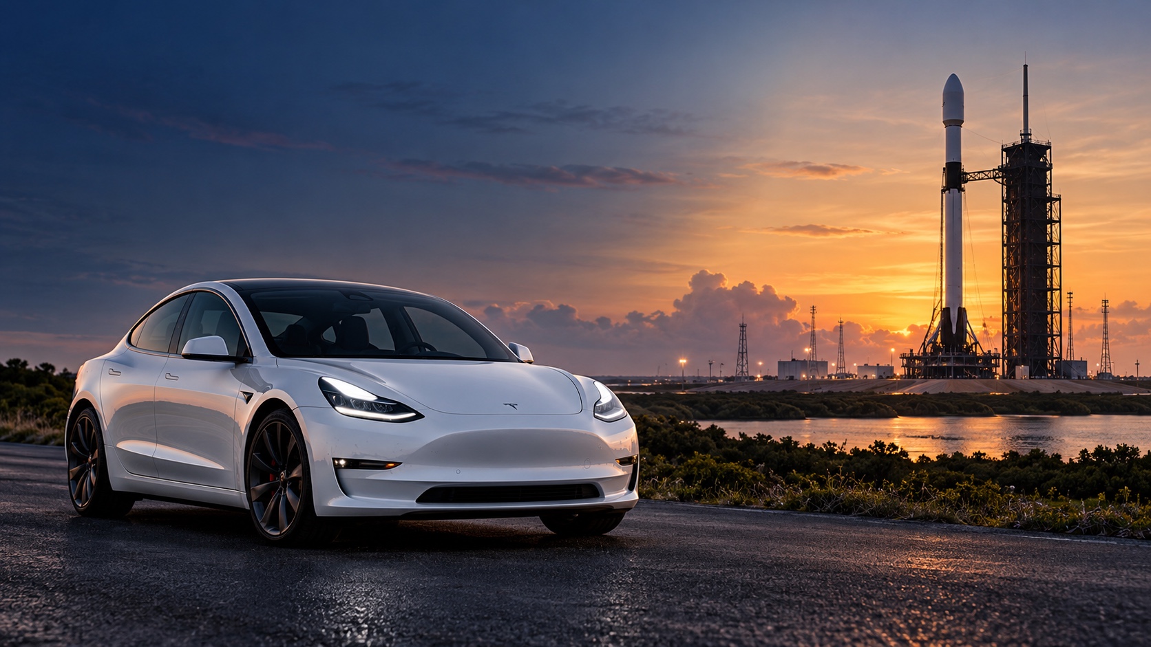 KI-Symbolmontage mit weißem Elektroauto im Vordergrund und einer Rakete an einer entfernten Startrampe bei Abendlicht
