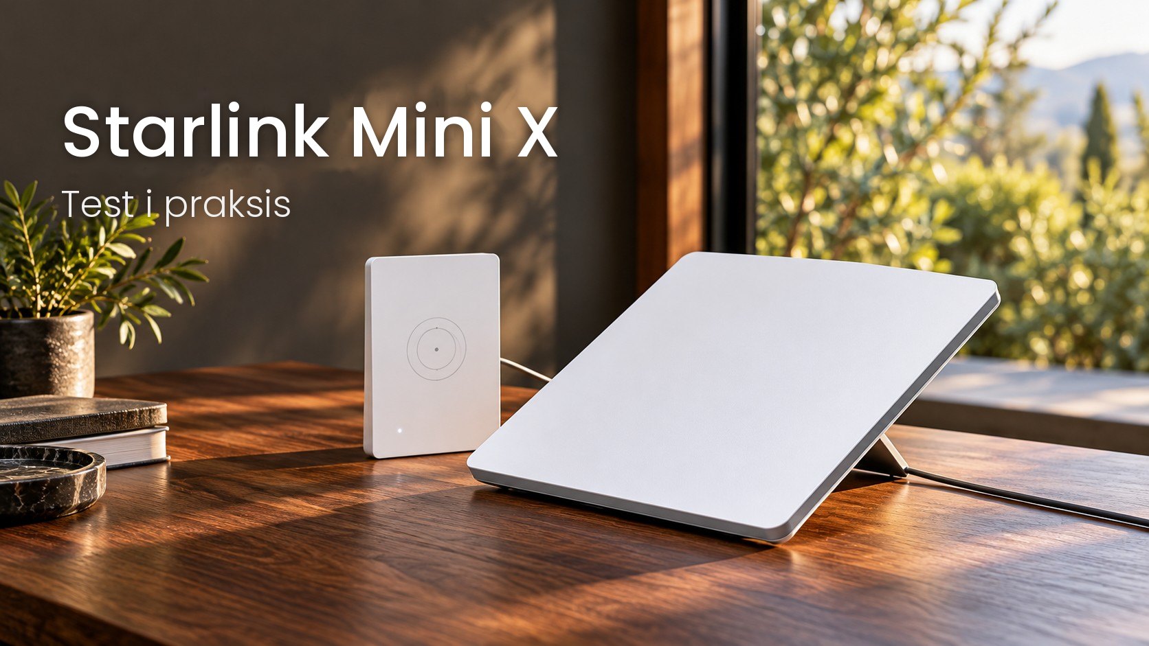 Starlink Mini-terminal og separat Router Mini i en lys, redaksjonell komposisjon.