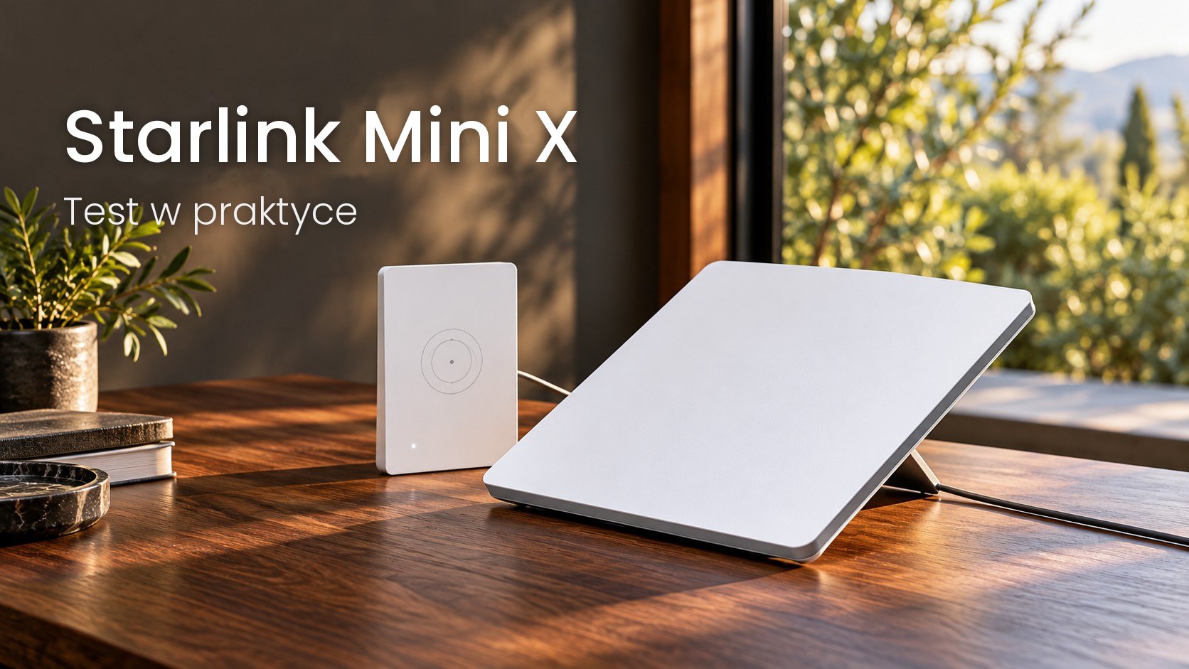 Antena Starlink Mini i oddzielny Router Mini na jasnej kompozycji redakcyjnej.