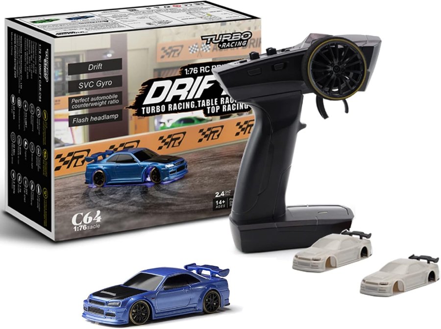 Turbo Racing 1:76 Drift Car in Blau mit Pistolengriff-Fernsteuerung und zwei Ersatzkarosserien