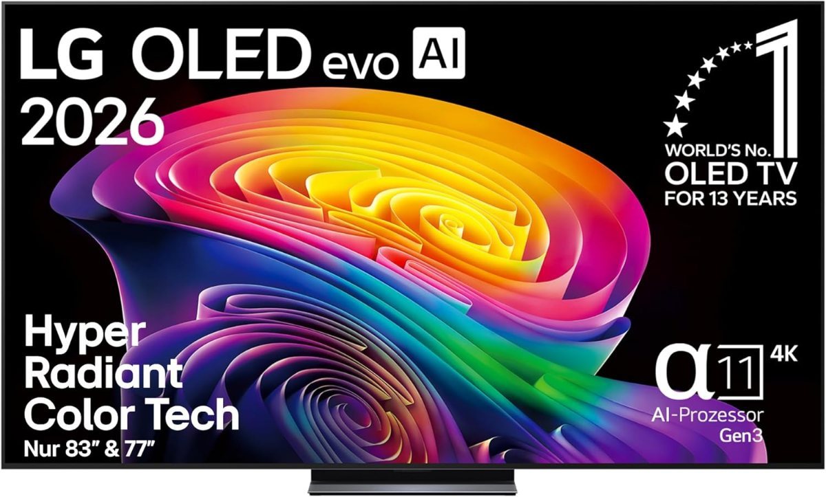 LG OLED evo C6 Fernseher 2026 mit farbiger Wellengrafik auf dem Bildschirm und flachem Standfuß