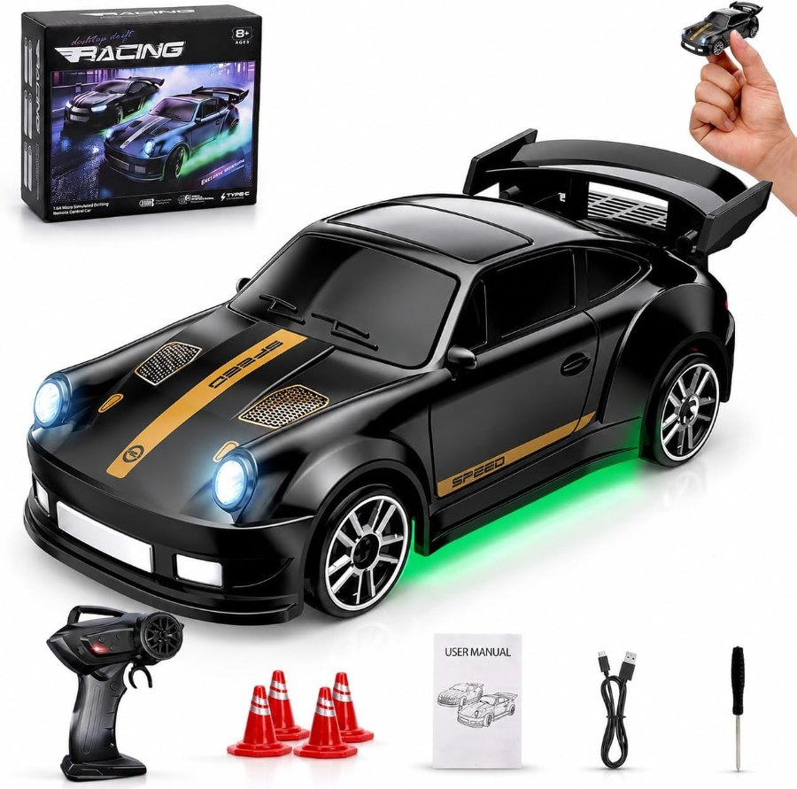 Schwarzes Umikk Mini-Drift-Car im Maßstab 1:64 mit grüner Unterbodenbeleuchtung und Fernsteuerung