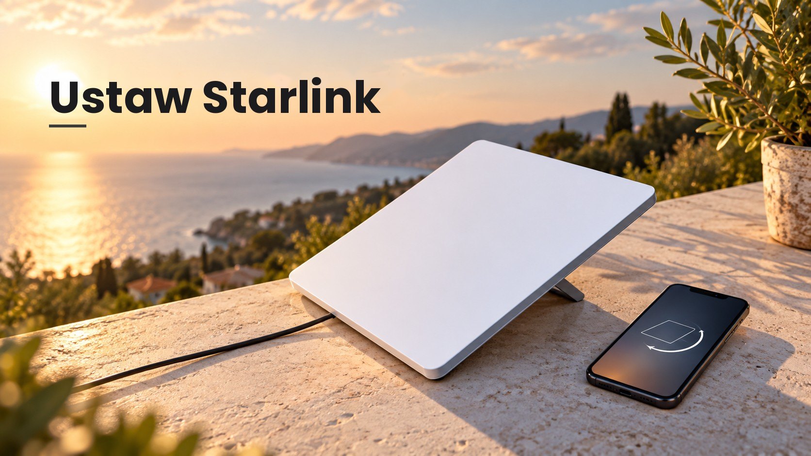 Starlink Mini obok smartfona ze stylizowaną strzałką kierunku i odsłoniętym niebem.