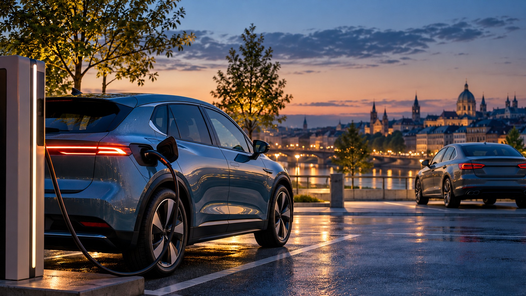 Generische Autos in einer europäischen Stadtkulisse; links ein Fahrzeug an einer Ladesäule.