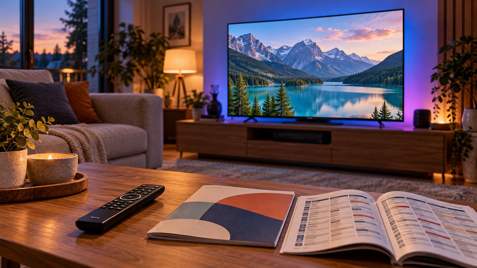 Symbolbild eines Wohnzimmers am Abend mit Fernseher, Fernbedienung und einer aufgeschlagenen Programmzeitschrift auf dem Couchtisch