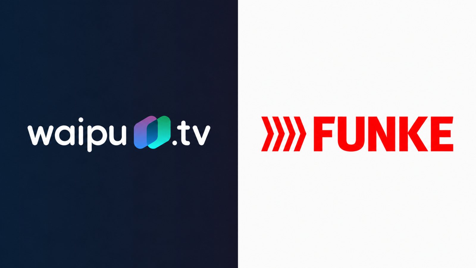Offizielle Grafik mit dem waipu.tv-Logo auf dunklem Grund links und dem FUNKE-Logo auf hellem Grund rechts