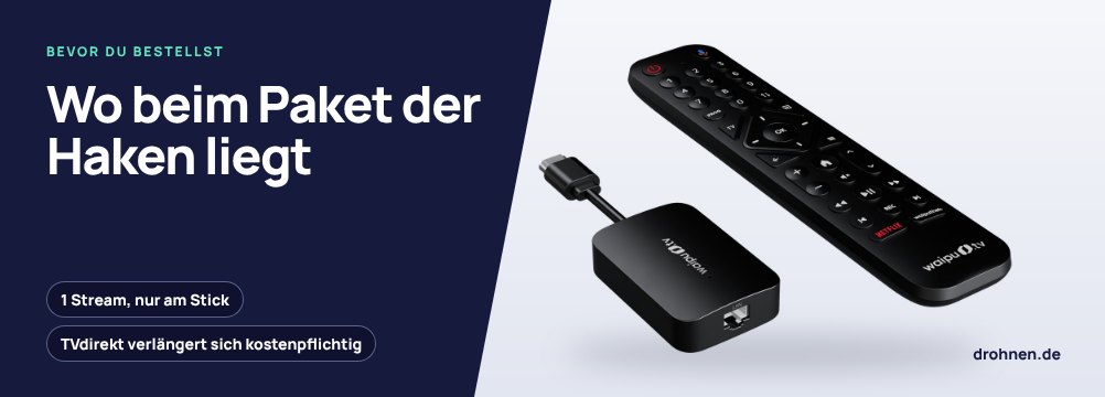 Banner mit dem Schriftzug Wo beim Paket der Haken liegt und den Hinweisen ein Stream nur am Stick und TVdirekt verlängert sich kostenpflichtig, daneben Stick und Fernbedienung