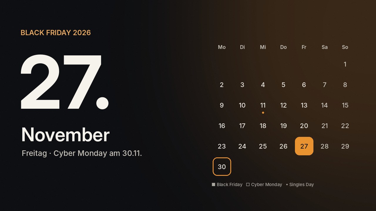 Kalenderblatt November 2026 mit markiertem Black Friday am 27. November