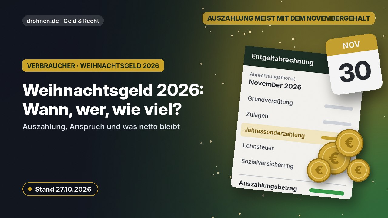 Grafik zum Weihnachtsgeld 2026 mit Gehaltsabrechnung, Kalenderblatt 30. November und Münzen, Auszahlung meist mit dem Novembergehalt