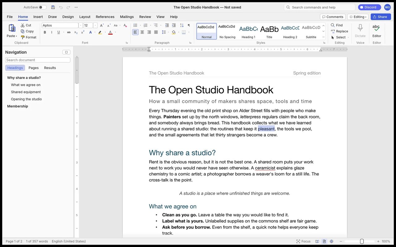 WordCraft Textverarbeitung mit Menüband im Word-Stil, Dokumentseite und Navigationsleiste
