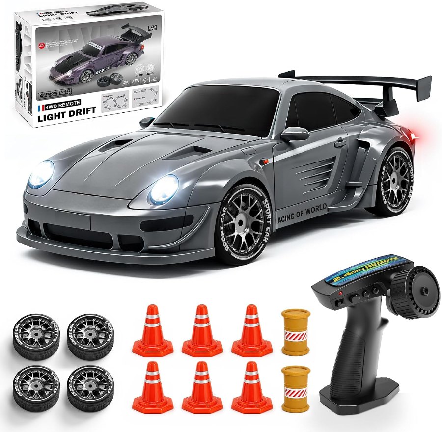 Graues YESHIN RC Drift Car 1:24 mit Pylonen, Ersatzreifen und Pistolengriff-Fernsteuerung