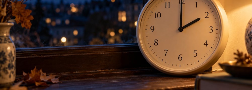 KI-Illustration: analoge Uhr mit der Anzeige zwei Uhr auf einem Fensterbrett bei Nacht, daneben warmes Lampenlicht und Herbstlaub