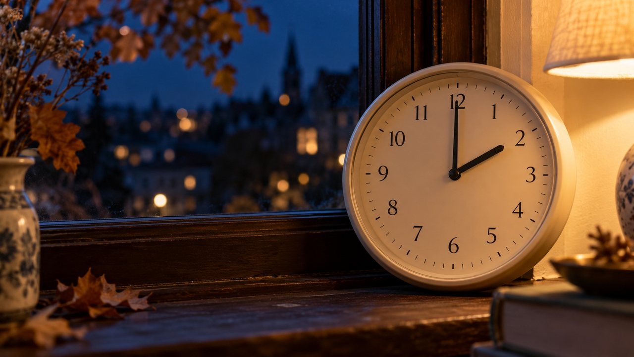 KI-Illustration: analoge Uhr mit der Anzeige zwei Uhr auf einem Fensterbrett bei Nacht, daneben warmes Lampenlicht und Herbstlaub