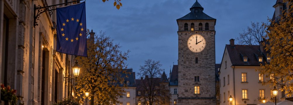 KI-Illustration: Europaflagge an einer Fassade neben einem Uhrturm auf einem herbstlichen Stadtplatz in der Abenddämmerung