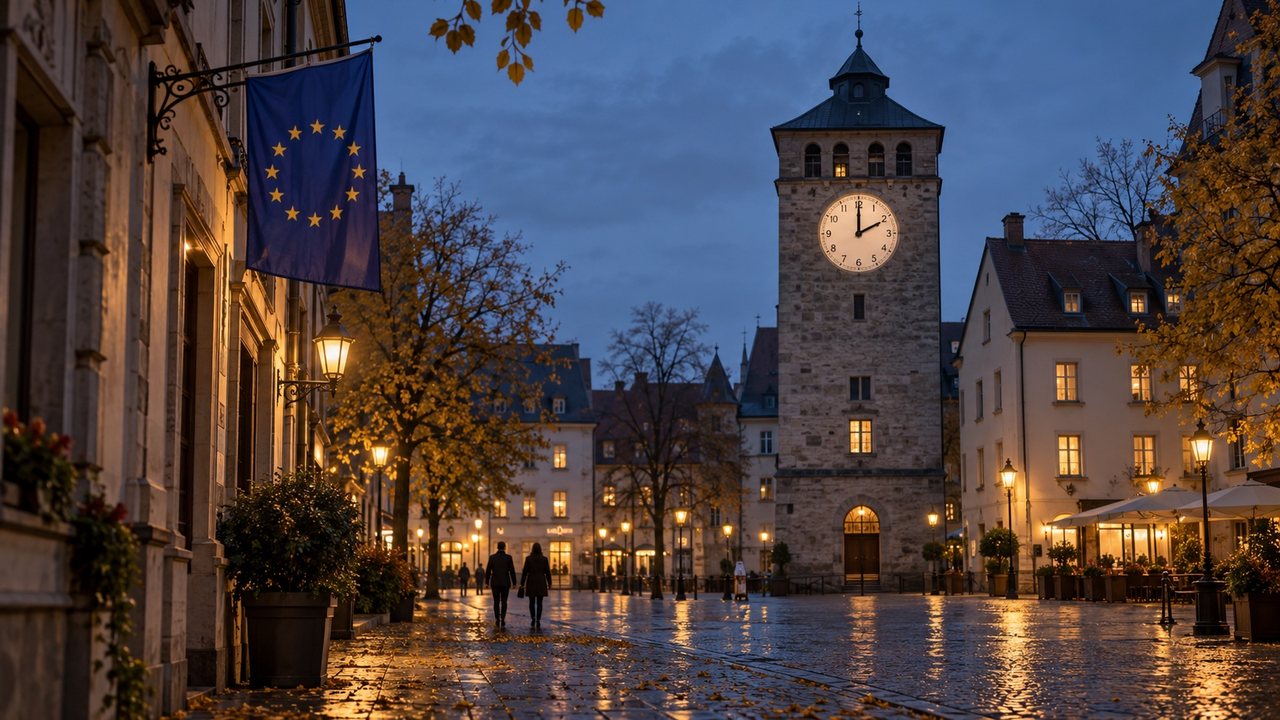 KI-Illustration: Europaflagge an einer Fassade neben einem Uhrturm auf einem herbstlichen Stadtplatz in der Abenddämmerung