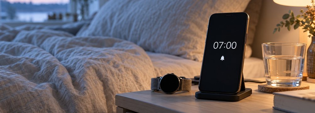 KI-Illustration: Smartphone mit der Anzeige 07:00 und Weckersymbol auf einem Nachttisch, daneben eine Smartwatch