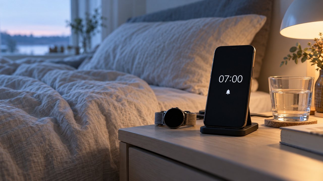 KI-Illustration: Smartphone mit der Anzeige 07:00 und Weckersymbol auf einem Nachttisch, daneben eine Smartwatch
