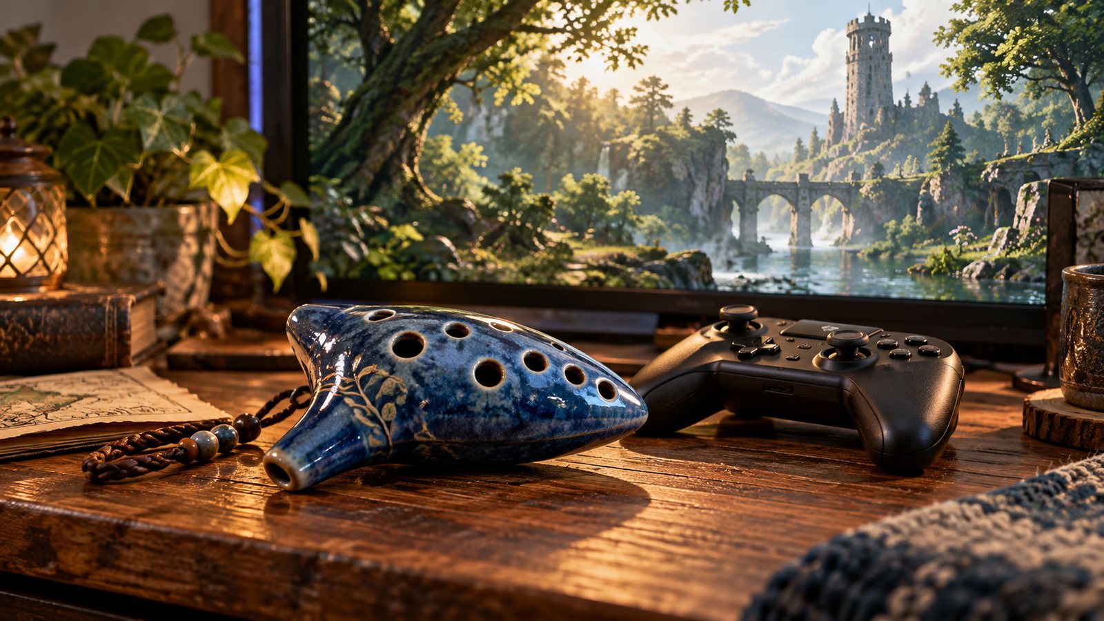 Symbolbild einer blauen Keramik-Okarina neben einem schwarzen Controller auf einem Holztisch, im Hintergrund eine Fantasy-Landschaft