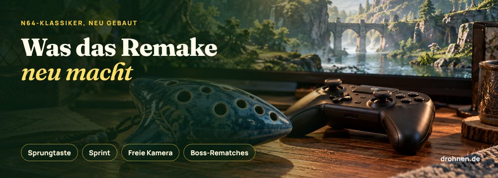 Banner mit dem Schriftzug Was das Remake neu macht und den Stichworten Sprungtaste, Sprint, freie Kamera und Boss-Rematches neben Okarina und Controller