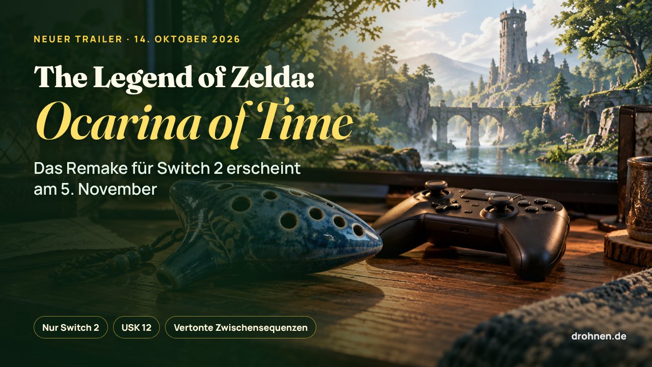 Grafik mit dem Schriftzug The Legend of Zelda: Ocarina of Time und dem Hinweis, dass das Remake für Switch 2 am 5. November erscheint, daneben eine Okarina und ein Controller